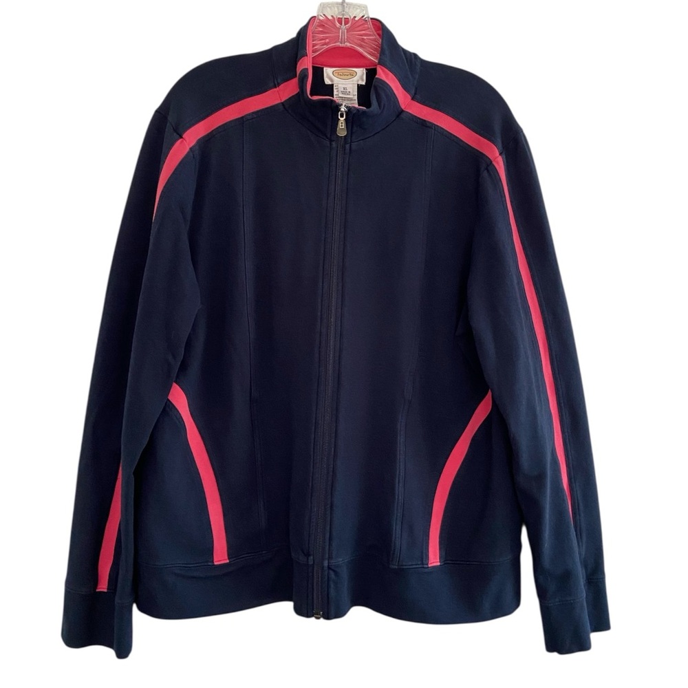 Talbots Navy Blue Track Jacket Cotton Knit Zip Up Sweatshirt Casual Sporty XL